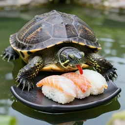 a photo of a wild turtle turtle in their pond eating a big dish of sushi sushi