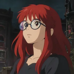 a young redhead girl with bangs and rounded glasses looking to the sky, cinematic lighting, dramatic atmosphere, studio lighting delicate features finely detailed perfect art, at an ancient city, gapmoe yandere grimdark, trending on pixiv fanbox, painted by greg rutkowski makoto shinkai takashi takeuchi studio ghibli