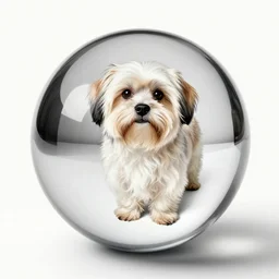 full length portrait of a havanese dog reflected in a chrome sphere, ultra wide 1 0 mm, by m c escher pen and paper