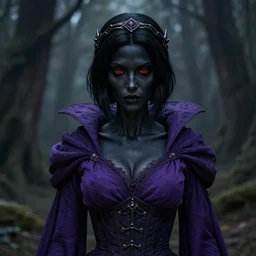 full portrait of a dark fantasy female necromancer, skinny, black skin, saggy purple robes, pretty, black bob haircut, red eyes, circlet, corset, finesse, key visual, realistic shaded perfect face, gloom, fine details, forest background, smooth, highly detailed, digital illustration, by artgerm, rossdraws, frank franzzeta