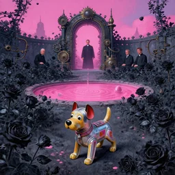 wide angle dynamic portrait of a tin toy dogon priest in a black rose garden with a pink pond and a steampunk portal, by mark ryden and todd schorr and mark davis in a surreal lowbrow style, digital paint, matte paint, vivid synthwave colors, breathtaking landsape
