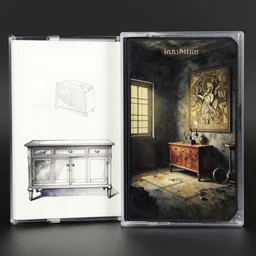 watercolor & inked furniture vhs tape 2 0 4 0 with black mold room ian miller, & albrecht durer, fine art masterpiece baked at 3 0 0 f, matte painting, backlit dystopian lighting, photorealistic render, cinematic,