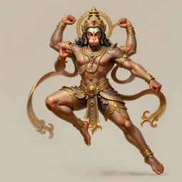award winning full body portrait of a beautiful ornated hanuman god, detailed face, horizontally leaping!!!, legs stretched!!! intricate, elegant, highly detailed, digital painting, artstation, concept art, smooth, sharp focus, digital illustration, art by krenz cushart and artem demura and alphonse mucha