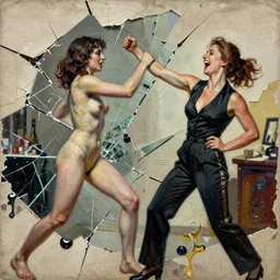 laughing sophisticated woman from fight club in fighting action by norman rockwell, detailed mixed media collage with canvas texture in style of contemporary art, punk art, photorealism, sensual bodies, expressionism, masterpiece, spectacular quality, intricate oil details, broken glass photo, torn paper intricate texture, large cracks, liquid glue spots, bright and balanced