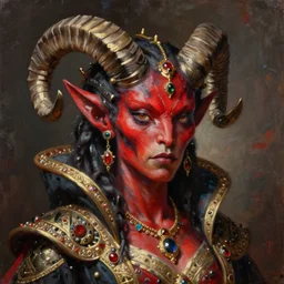 painted close - up portrait of a very attractive red - skinned intimidating demon alien - cyborg queen with ram horns! oil painting, wearing a noblewoman's outfit, fantasy art by john singer sargent and gaston bussiere and james jean and greg rutkowski, demon noble character design, hd