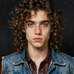 in the style of Joshua Middleton art, beautiful young punk rock man with pretty eyes, long curly brown hair, denim vest over leather jacket, symmetrical face, concept art painting