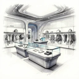 pen sketch. futuristic store interior with display tables, by krenz cushart