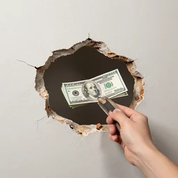 a hand breaks a wall, and money comes out of the wall