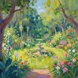 a fairytale garden, painted by pablo amaringo