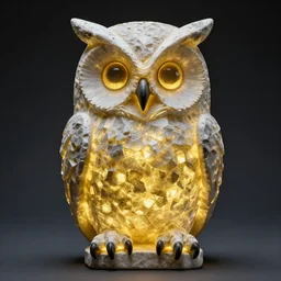 symmetrical detailed sculpture of an owl, made of Glowing Rock