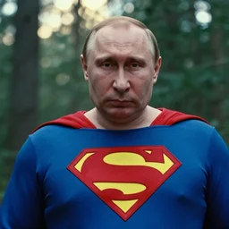 a 1 0 0 mm lens close up photo of obese vladimir putin wearing superman costume, in woods, movie still, bokeh, canon 5 0 mm, cinematic lighting, dramatic, film, photography, depth of field, award - winning, backlighting, overcast, 8 k, hyper detailed, 3 5 mm film grain