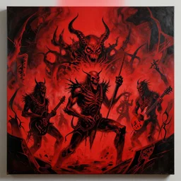 abstract art of a heavy metal concert in hell, in the style of beksinski, red, black, vibrant, chiaroscuro, high detail, perfect artwork, clean lines
