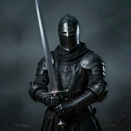 portrait of gothic knight wearing black helmet, dark misty background, holding a gigantic straight sword, detailed, realistic photography