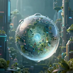 nature in drops of dew, within every dewdrop a world of struggle, fantasy intricate elegant under graphic cyberpunk buildings lush volumetric lighting 3 d modelling
