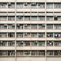 hong kong apartment complex wall with ac units, laundry lines, balconies, photography