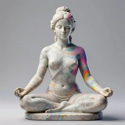 3D print marble sculpture of Emma Watson by Jean-Baptiste Carpeaux and Luo Li Rong and Michael James Talbot, yoga meditation pose, beautiful body, perfect symmetrical face, bright psychedelic colors, full length shot, elegant, academic art, realistic, 8K, female full-skin figure, Hyperrealism, Subsurface scattering, raytracing, soft light, Octane Render, Redshift, Zbrush