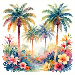 colorful palm trees and tropical flowers, surreal, abstract, colorful, detailed art, illustration style, watercolor
