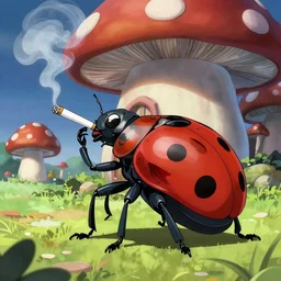 Portrait of a Humanlike Anthropomorphic ladybug smoking an anime cigarette, mushroom hut in background , cel animation by Tokyo Movie Shinsha and Greg rutkowski, post-processing , IMAX , vibrant colors , award-winning masterpiece 20 years in the making