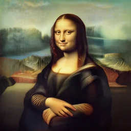 a portrait of an anthromorpic cucumber painted by leonardo da vinci. the anthromorpic cucumber in the painting is shown seated with his hands folded in his lap. he is wearing a simple dress with a pattern of flowers. his hair is pulled back from his face and he has a small, faint smile. the background of the painting is a landscape of rolling hills and mountains. the sky is a light blue, and there are small clouds in the distance,