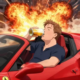 anime jeremy clarkson drinking a beer, sitting in a red ferrari 4 5 8 while an explosion occurs in the background, high quality anime
