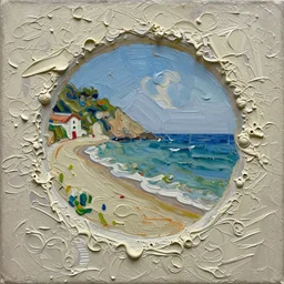 palette knife painting of a close up of a three - dimensional thick impasto oil painting of a beautiful italian beach scene, seen through complex globular texture, lots of thick encrusted paint, vast amounts of wax - like lines of dripping oil paint cover nearly everything, painted by bocklin signac and frank auerbach, background thick encrusted paint