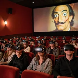 people in a busy movie theatre, all wearing vr headsets with art direction by salvador dali, wide lens