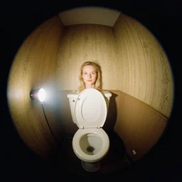 kodak portra 4 0 0, wetplate, flashlight, extreme fisheye, award - winning colour portrait by britt marling : a sunlit 1 9 3 0 s toilet, quadratic picture frames, haze, wallpaper, no people