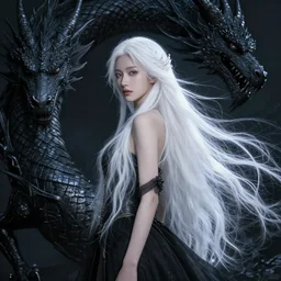 a beautiful woman with long flowing white hair, standing beside a dragon, dark aesthetic, fantasy setting