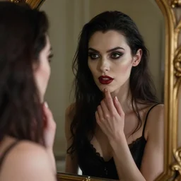 portrait of a vampire woman staring into a mirror, realistic, 8 k, extremely detailed, cgi, trending on artstation, hyper - realistic render, 4 k hd wallpaper, premium prints available, by greg rutkowski