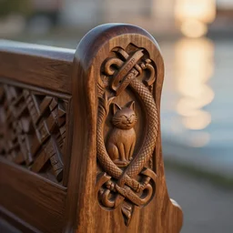 scanstation 3 5 mm closeup of realistic wood carving norse style knots and midgaar wyrm in walnut church bench, full carving, intricate, hidden waving smiling cat easteregg, film still, 8 k, bokeh, sunset, water caustics