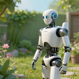a robot, made for war, looking at a garden, photorealistic, octane render