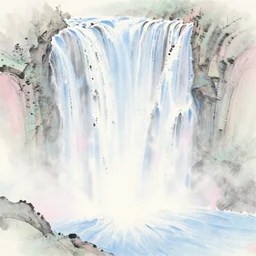 an endless waterfall, blue and pink pastel colour splash, painted with a thin brush, detailed sumi-e illustration