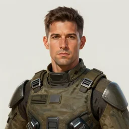 Portrait of a man by Greg Rutkowski, he is about 40 years old, british-hispanic mixture, attractive, military composure, short brown hair, chilean, father image vibes, he is wearing futuristic military fatigues, highly detailed portrait, digital painting, artstation, concept art, smooth, sharp foccus ilustration, Artstation HQ.