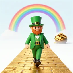 lucky leprechaun walking down a golden brick road that has a pot of gold at the end with a rainbow