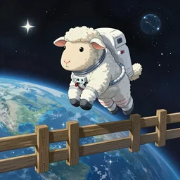 A sheep wearing an astronaut suit jumping over a floating wooden fence in space, earth and stars in the background, blue light, extra detailed, digital illustration, by Makoto Shinkai and thomas kinkade, digital painting, Matte painting, trending on artstation and unreal engine