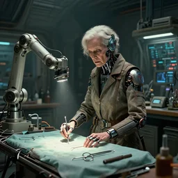an environmental concept art of an elderly woman cyberneticist in a cluttered workshop, surgical implements, surgery table, robotic arm, highly detailed, cinematic, dramatic, cyberpunk, dieselpunk, scifi space station, horror, bladerunner 2 0 4 9