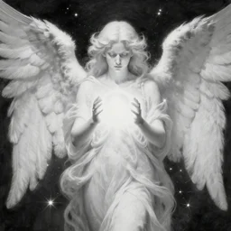 highdetailed hyperrealistic painting of white angel!!! no gender!!!, giant ball of miracle light from the chest!!!!!, 4 k hd fur face!!!, big wings, by jan van eyck, holography space, white sparkles everywhere, thin strokes, white monochrome color!!!!!