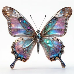 mechanical butterfly with cyborg armor made of intricate complex circuitry and iridescent microchips, colorful, crystal, highly detailed, photorealistic camera shot, bright studio setting, studio lighting, crisp quality and light reflections, unreal engine 5 quality render
