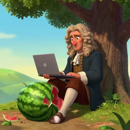 sir isaac newton sitting under a tree on a hill holding a macbook - pro, a big broken watermelon is lying on the ground next to him, in the style of the disney pixar