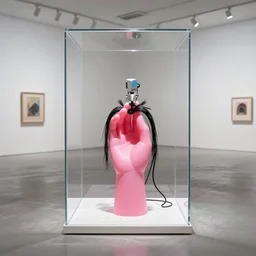 a pink wax sculpture of a hand holding black hair with a machine and cables in a plexiglass box in an empty contemporary art gallery, studio lighhting, in style of paul thek, 1 9 7 9, colors, canon