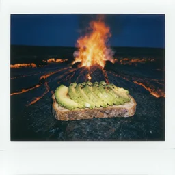 polaroid picture of avocado toast, hell, wide angle, fire, lava, magma, horror,