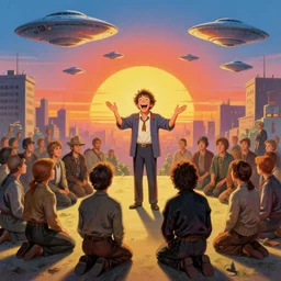 a picture of a happy subgenius - salesman at a alter speaking to a crowd of kneeling cultists, flying saucers in the sky, sunrise, a detailed matte painting by mort kunstler, pixiv, kitsch movement, city background, movie poster, official art