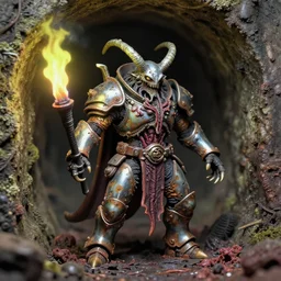 airbrush macro baphomet orcus horror hybrid, random animal | viscera as god |, carapace rusted chrome chaos in dystopic armor, deep in sewer system, tunnel edges moldy, slag, chris foss, enric torres, alberto bontempi, feng zu hyper realism, torch light, muted horror of puce lime colors, epic, hyper detailed, awe