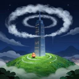 nightscape chubby cartoon concept art, skyscraper over a grass spiral hill, spiral clouds, liquid smoke, distant mountains