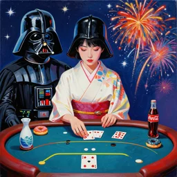 single woman in a japanese kimono, sitting at an extremely detailed poker table with the detailed darth vader, sake, coca cola, donuts, on the table, fireworks and stars on the background, by andy warhol, by roy liechtestein, canvas, acrylic paint, cool color palette, masterpiece, 4 k, ultra - hd
