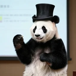 panda wearing a top hat giving a ted talk