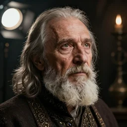portrait of an old, medieval alchemist in the dark, close up straight to the face., he is looking into the distance thoughtfully!!. studio lighting bright ambient lighting key light, fantasy, detailed, photorealistic portrait by michael komarck, greg rutkowski, victo ngai, artgerm and j. dickenson