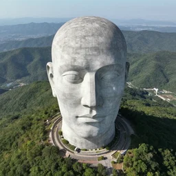 gigantic weird concrete head bust in a mountain, aerial view shot from the sky, realistic, by origiful, 4 k