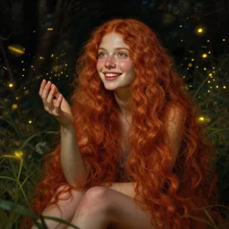 young woman, smiling, amazed by golden fireflies lights, sitting in the midst of nature fully covered, long loose red hair, intricate linework, green eyes, small nose with freckles, oval shape face, realistic, expressive emotions, dramatic lights, spiritual scene, hyper realistic ultrafine art by cecco del caravaggio and albert bierstadt and artgerm