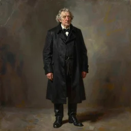 full figure full body portrait of an old stooped manservant old servitor grey hair with full length black coat, black boots, painting by james guthrie, digital painting, realistic, hyper realistic, photorealism, expressive emotions, octane render,